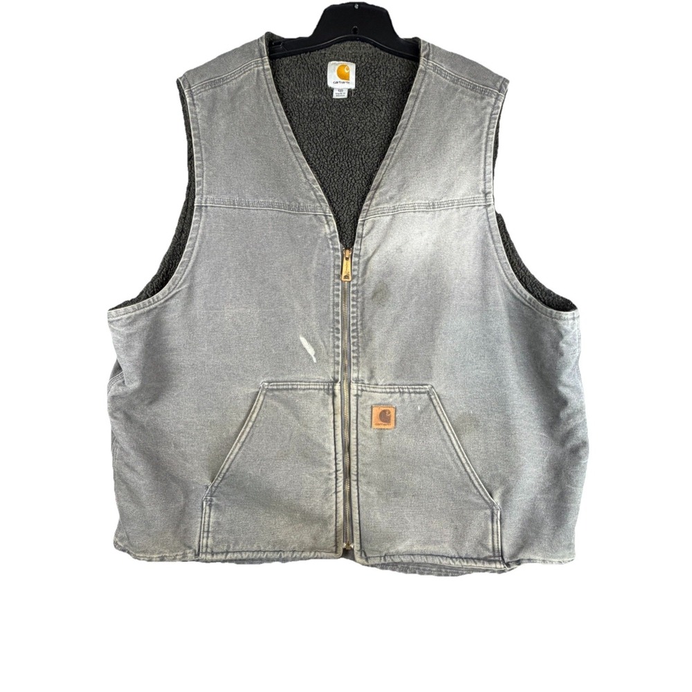 Carhartt Vest Mens 2XLT Gray Canvas Insulated Sherpa‎ Lined Workwear V26-GVL